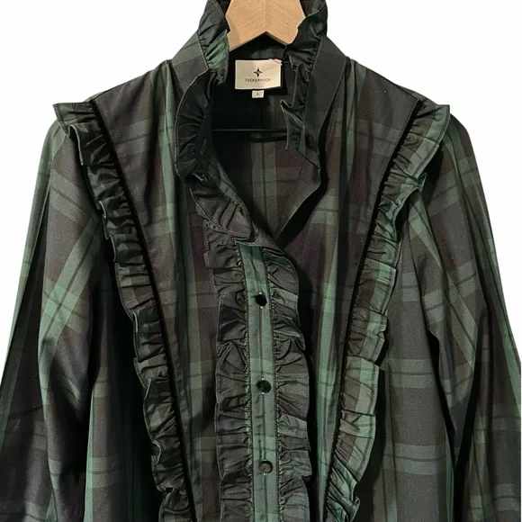 Tuckernuck Blackwatch Plaid Raegan Ruffle Button Down Shirt Womens L - Picture 3 of 6